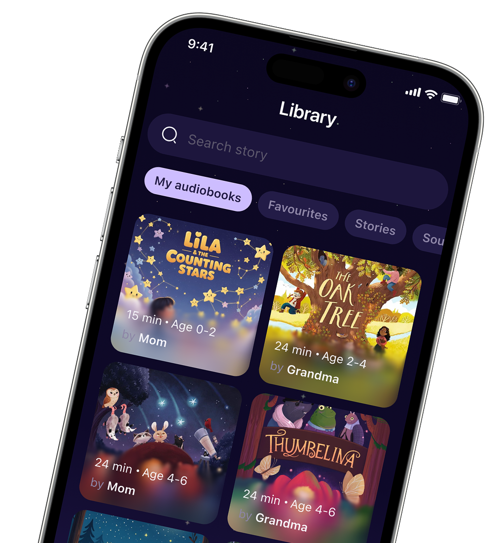 A phone screen showing a children's audiobook library with story covers narrated by family members like Mom and Grandma