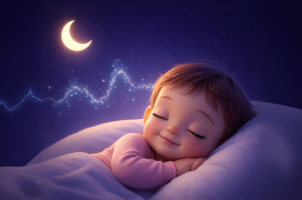 An illustrated toddler sleeping peacefully under a glowing crescent moon and stars