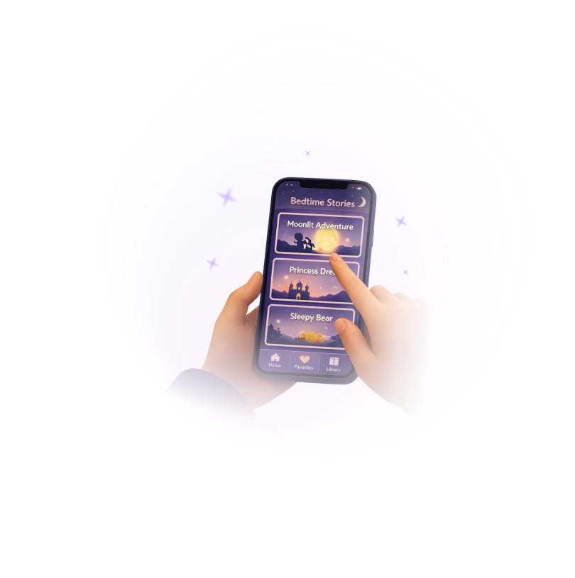 A child's hands tapping a phone screen to choose a bedtime story from a library of story titles