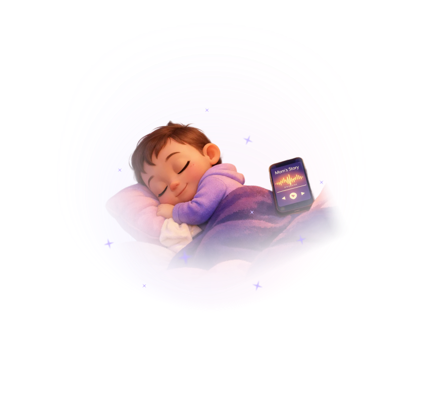 An illustrated toddler sleeping peacefully while a bedtime story plays on a phone beside the pillow