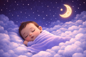 A baby sleeping peacefully in a softly lit, lavender-toned room