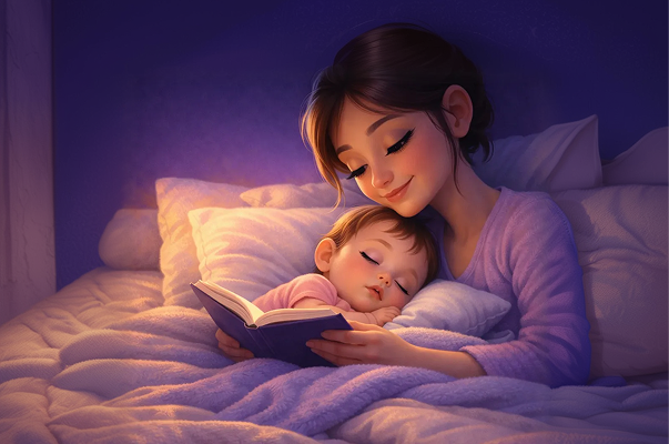 A caregiver reading a bedtime story to a child at bedtime