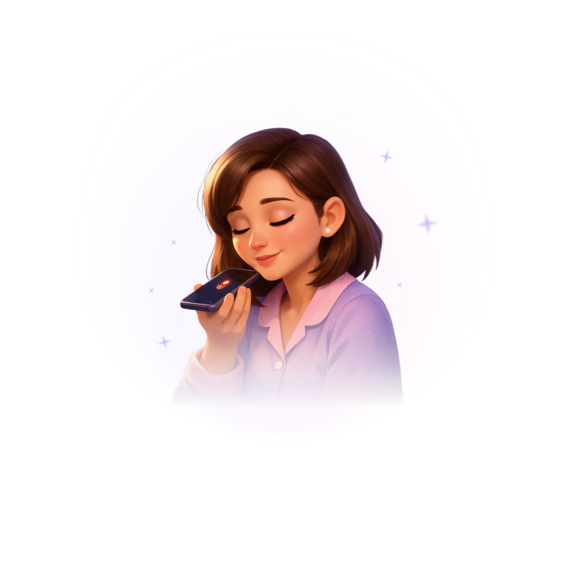 A parent speaking into their phone to record a personalized bedtime story for their child